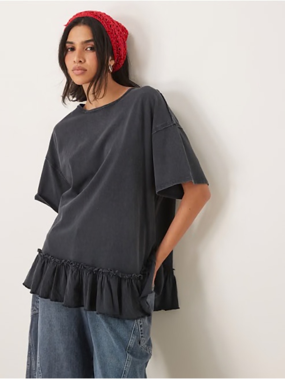 Free People XS ruffle edge oversized t-shirt tunic in washed black